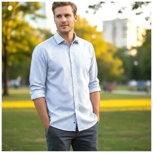 Tom James Men’s Button-Down Shirt. Blue, Purple Check. 17” Neck